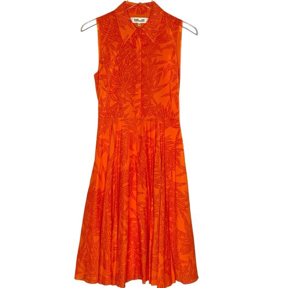 Diane von Furstenberg XS Orange Silk Midi Fit Flare Print Dress Sleeveless *flaw - Picture 2 of 10